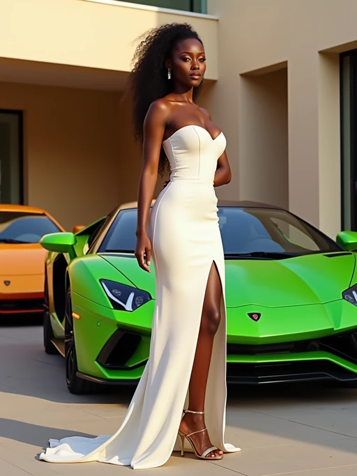 Full-body shot of of model standing next to a luxury car, wearing if(gender=f){an elegant white cocktail dress with high heels} if(gender=m){a sophisticated navy blazer and tailored trousers}. The background features a luxury design villa in Dubai with green, yellow and red sports cars. Vibrant lighting.