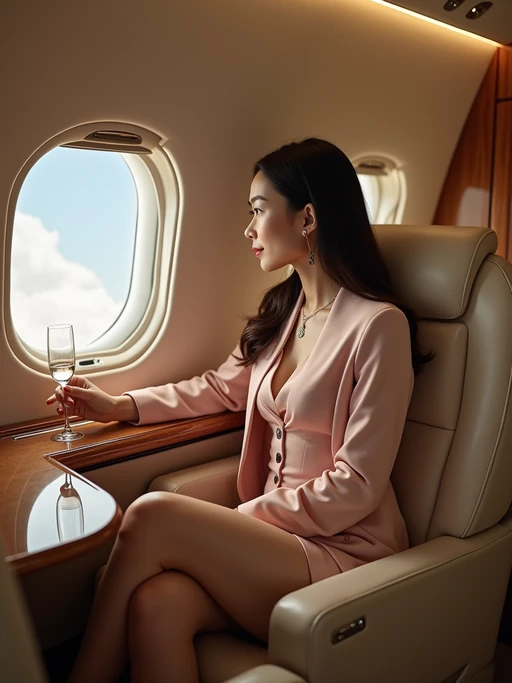 beautiful influencer instagram model wearing elegant clothes sitting in private jet cabin, with leather interior, luxurious. champagne is on the table. outside is clouds because we are flying.