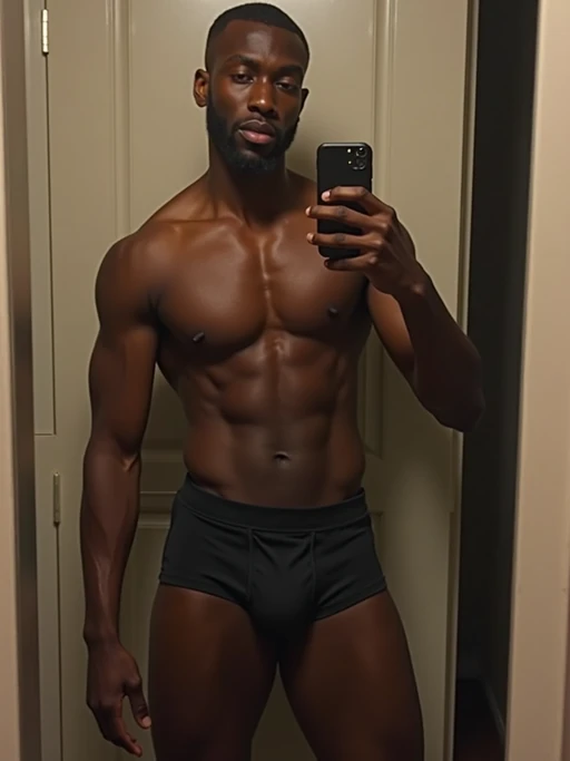 seductive model wearing if(gender=f){lingerie} if(gender=m){boxer shorts}, doing mirror selfie, holding iPhone, full body, their reflection captured in a sultry pose. the photo emphasizes their exaggerated, idealized body shapes.