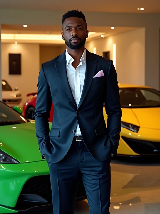 Full-body shot of of model standing next to a luxury car, wearing if(gender=f){an elegant white cocktail dress with high heels} if(gender=m){a sophisticated navy blazer and tailored trousers}. The background features a luxury design villa in Dubai with green, yellow and red sports cars. Vibrant lighting.
