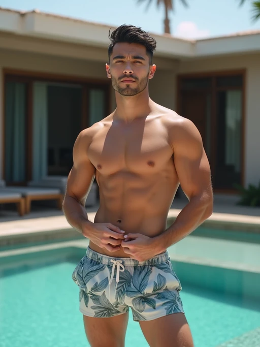 full body photo of model wearing if(gender=f){glossy reflective black bikini and clear heels} if(gender=m){swim shorts} in front of luxury design villa