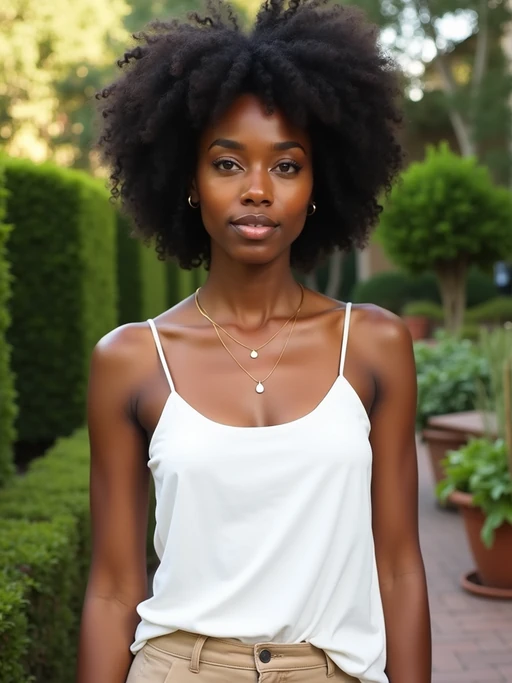 Front view of model wearing if(gender=f){a white sleeveless spaghetti top} if(gender=m){white tanktop}. The model is standing in an outdoor garden setting with lush greenery and potted plants in the background. The model's face is slightly tilted with a direct gaze towards the camera. The outfit is complemented by beige pants, and a necklace is visible around the model's neck. The background shows a mix of trimmed hedges and trees, creating a serene and natural atmosphere.