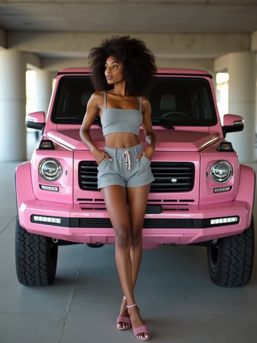 full body photo of model wearing a gray if(gender=f){crop top} if(gender=m){tank top} and matching shorts, leaning against a pink suv. the model looks to the right. the vehicle features a modern, boxy design with a prominent front grille and round headlights. the setting is an indoor parking area with concrete columns visible in the background.