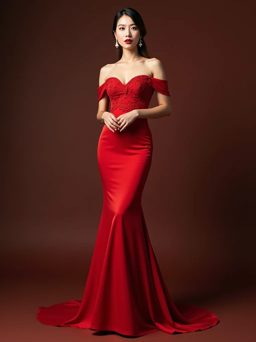 Full-body front view shot of model enjoying a luxury gala dinner, dressed as if(gender=f){a chic red fitted evening dress with pearl earrings} if(gender=m){a formal dinner jacket with a crisp white shirt}. High end luxury restaurant.
