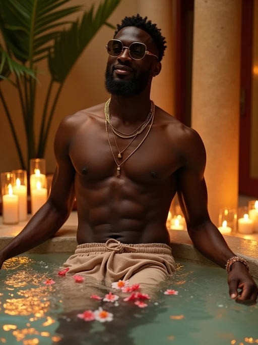 model in if(gender=f){flowing kaftan} if(gender=m){resort evening wear} at luxury spa villa with flower bath, candles and tropical decor