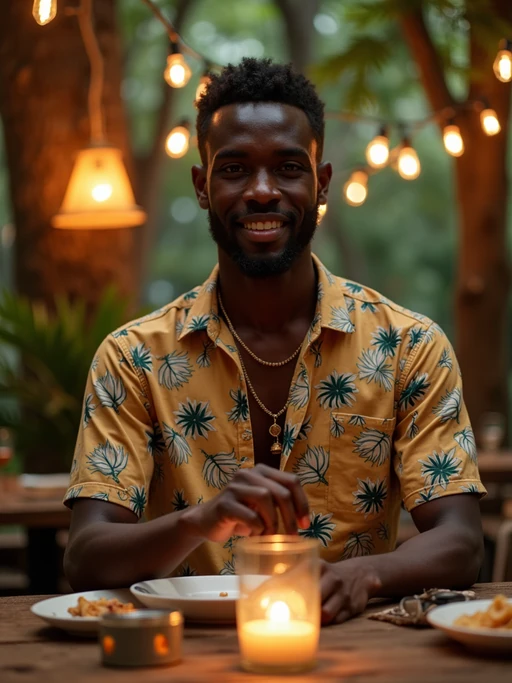 model in if(gender=f){elegant resort wear} if(gender=m){smart casual tropical outfit} dining at luxury treehouse restaurant in jungle setting, fairy lights and lanterns