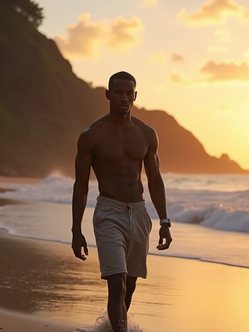 model in if(gender=f){chic beachwear} if(gender=m){casual beach attire} walking along pristine beach in Uluwatu at sunset, dramatic cliffs in background