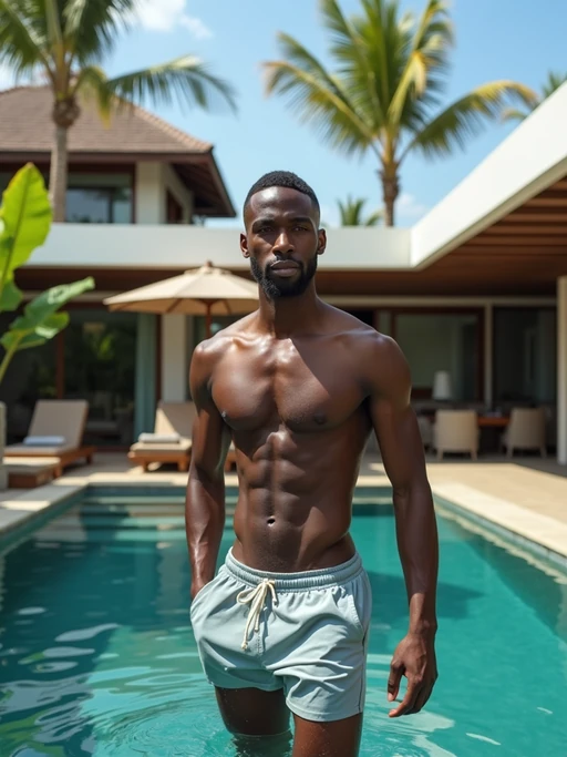 model in if(gender=f){designer swimwear} if(gender=m){swim shorts} relaxing in private luxury villa pool in Canggu, with modern tropical architecture and palm trees