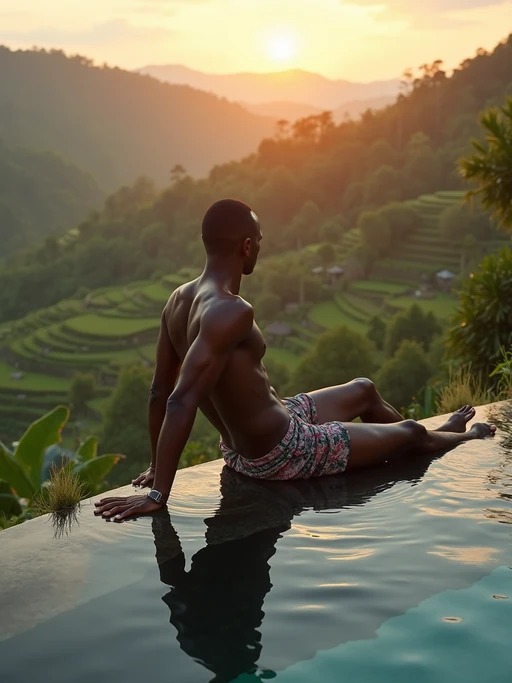 model in if(gender=f){bikini} if(gender=m){swim shorts} lounging on edge of infinity pool overlooking jungle and rice terraces in Ubud, golden hour lighting