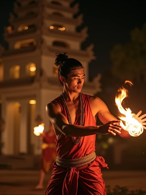 model in if(gender=f){elegant resort wear} if(gender=m){resort evening attire} at traditional Balinese dance performance, temple backdrop illuminated at night
