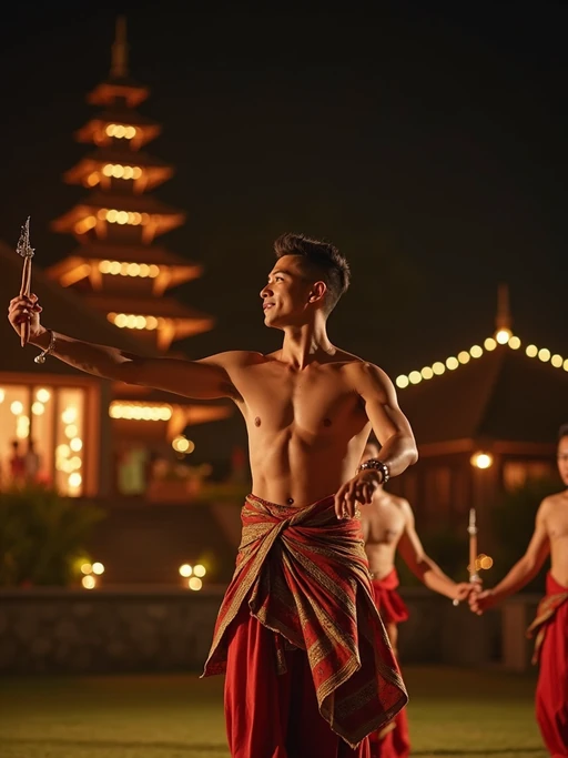 model in if(gender=f){elegant resort wear} if(gender=m){resort evening attire} at traditional Balinese dance performance, temple backdrop illuminated at night