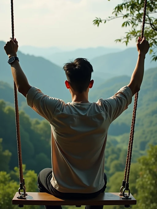 model in if(gender=f){chic resort wear} if(gender=m){smart casual outfit} at jungle swing with vast valley view, dramatic lighting