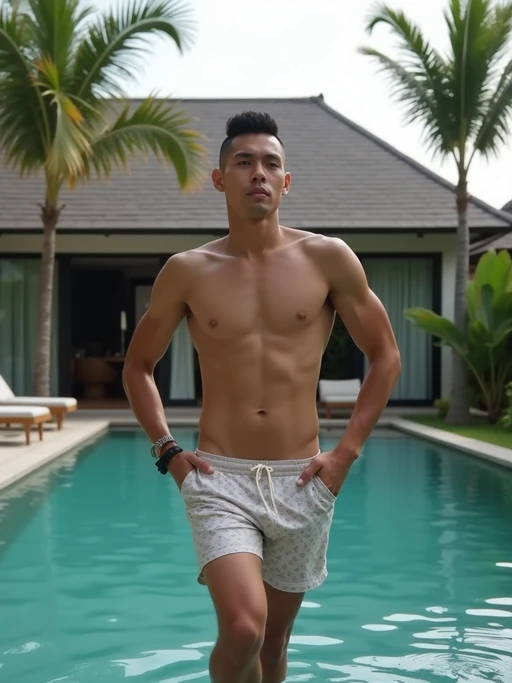 model in if(gender=f){designer swimwear} if(gender=m){swim shorts} relaxing in private luxury villa pool in Canggu, with modern tropical architecture and palm trees
