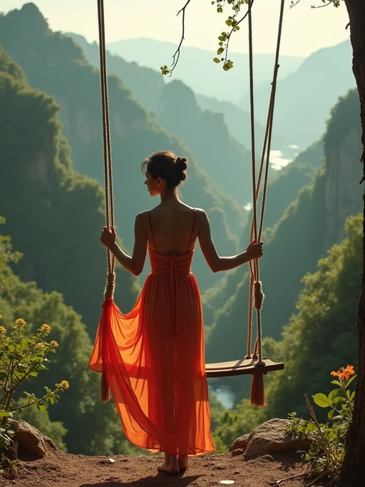 model in if(gender=f){chic resort wear} if(gender=m){smart casual outfit} at jungle swing with vast valley view, dramatic lighting
