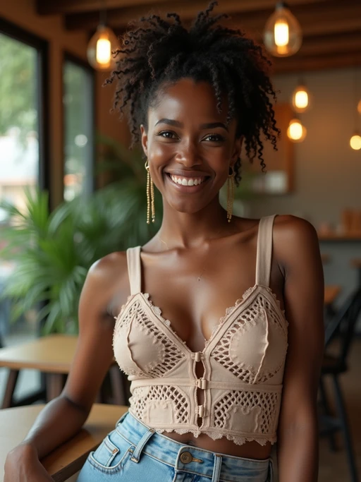 model in if(gender=f){chic cafe outfit} if(gender=m){smart casual wear} at trendy Canggu cafe with tropical minimalist decor