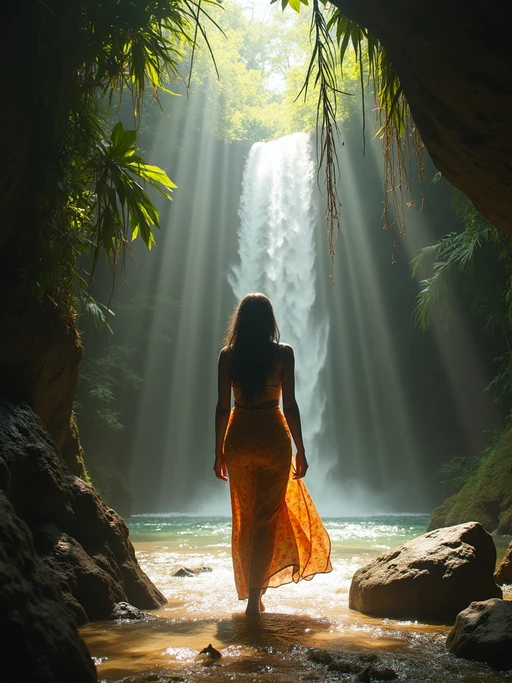 model in if(gender=f){boho beach dress} if(gender=m){linen beach wear} exploring hidden waterfall in jungle, rays of light streaming down