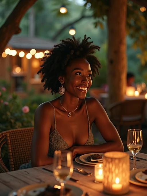 model in if(gender=f){elegant resort wear} if(gender=m){smart casual tropical outfit} dining at luxury treehouse restaurant in jungle setting, fairy lights and lanterns