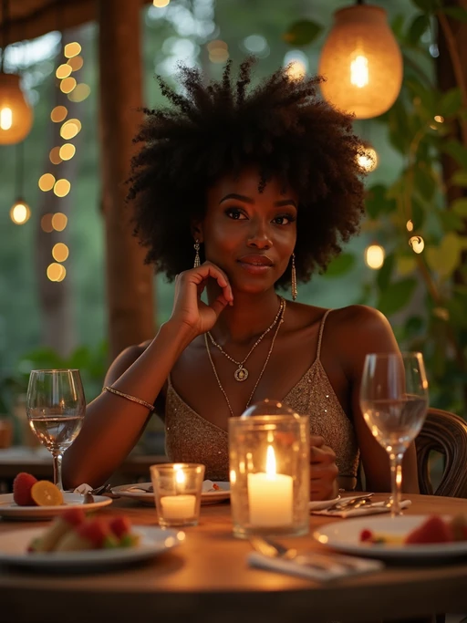 model in if(gender=f){elegant resort wear} if(gender=m){smart casual tropical outfit} dining at luxury treehouse restaurant in jungle setting, fairy lights and lanterns