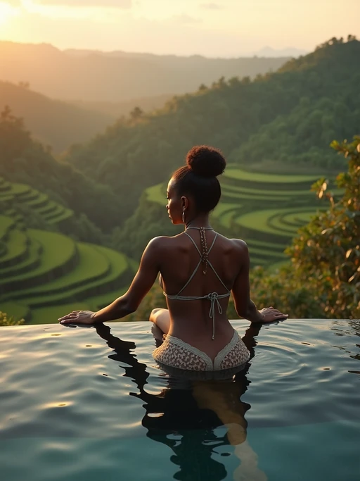 model in if(gender=f){bikini} if(gender=m){swim shorts} lounging on edge of infinity pool overlooking jungle and rice terraces in Ubud, golden hour lighting