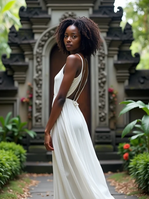 model in if(gender=f){flowy white dress} if(gender=m){linen shirt and shorts} standing in front of traditional Balinese temple gate with intricate stone carvings, lush tropical plants and flowers in background