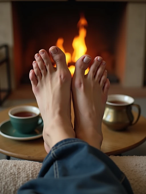 Model's bare feet, propped up on a coffee table, with a fireplace and a warm cup of tea in the background, also showing the bottom of feet.