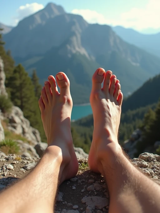 bottom of Model's bare feet, standing on a rocky trail with a breathtaking mountain view in the background, also showing the bottom of feet.