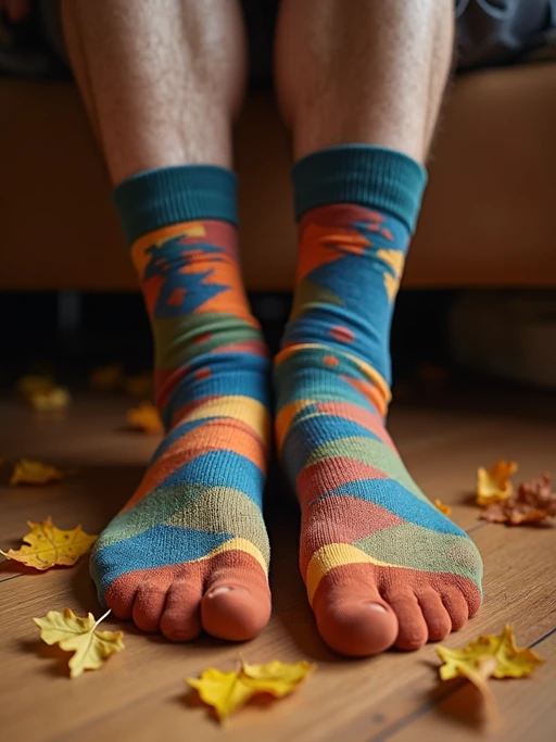 Model's feet in colorful socks, playfully posed on a wooden floor with scattered autumn leaves, evoking a cozy and whimsical vibe, also showing the bottom of feet.