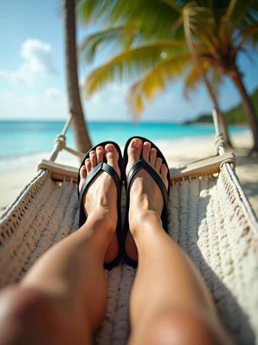 Model's feet in flip-flops, casually resting on a hammock, with a tropical beach and palm trees in the background, also showing the bottom of feet.