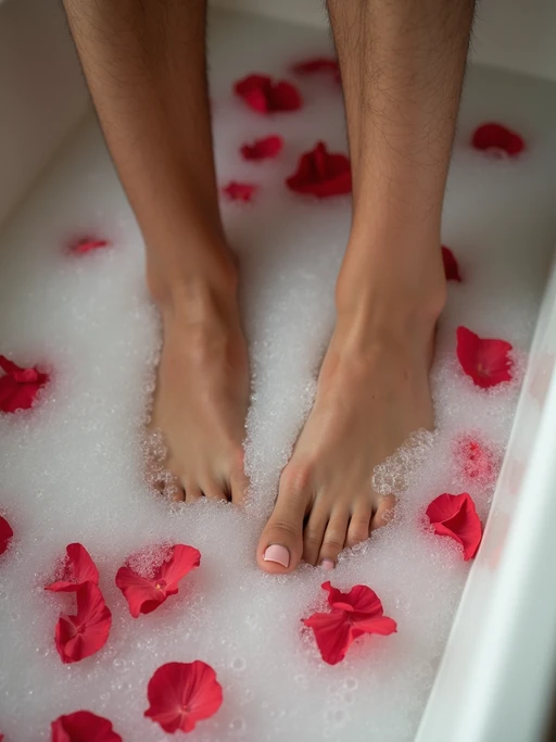 Model's feet submerged in a bubble bath, with rose petals floating on the water surface, creating a luxurious and relaxing scene, also showing the bottom of feet.