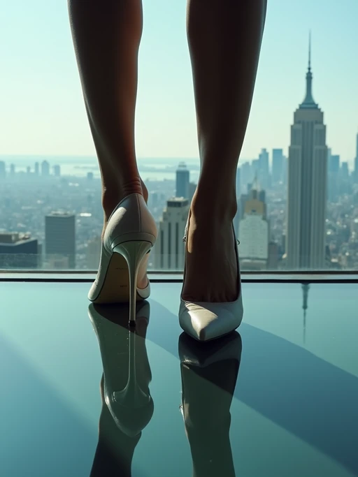 Model's feet in high heels, standing on a glass floor with a view of the city skyline below, creating a dramatic and stylish scene, also showing the bottom of feet.