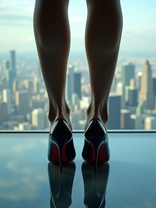 Model's feet in high heels, standing on a glass floor with a view of the city skyline below, creating a dramatic and stylish scene, also showing the bottom of feet.