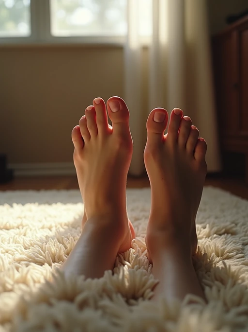 Close-up of model's feet resting on a plush carpet, also showing the bottom of feet, with soft natural light streaming through a nearby window, creating a warm and inviting atmosphere.