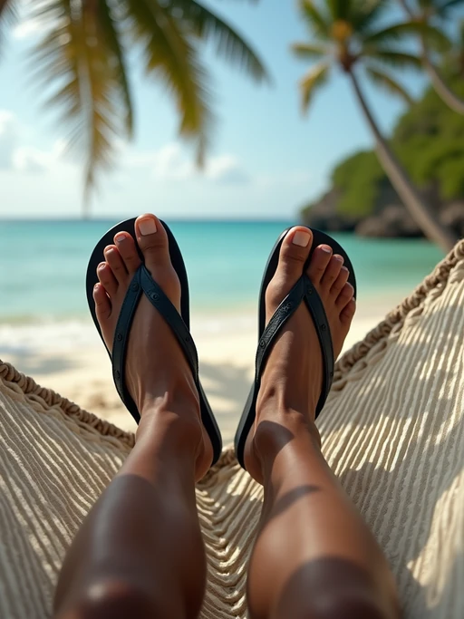 Model's feet in flip-flops, casually resting on a hammock, with a tropical beach and palm trees in the background, also showing the bottom of feet.