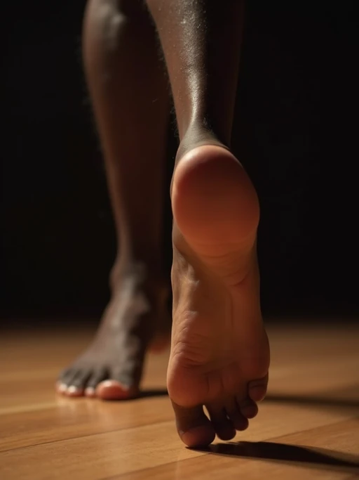 bottom of Model's bare feet, captured mid-dance on a wooden stage, with dramatic lighting highlighting the movement, also showing the bottom of feet.