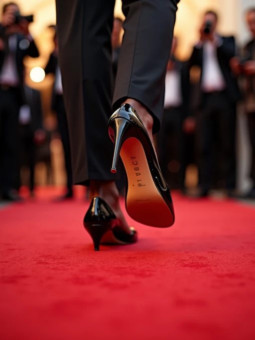 Model's feet in minimalist high heels, stepping confidently on a red carpet, with paparazzi flashes capturing the moment, also showing the bottom of feet.