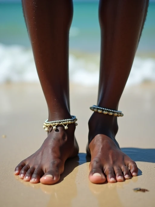 Model's feet adorned with delicate anklets, posed gracefully on a sandy beach with the ocean waves gently lapping at the shore, also showing the bottom of feet.