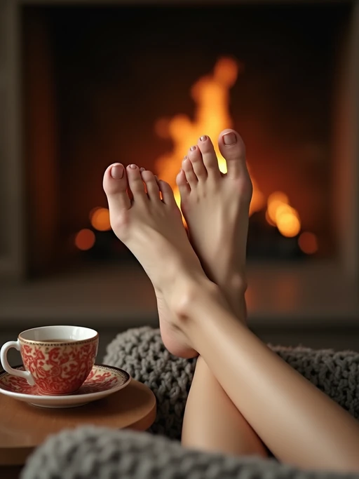 Model's bare feet, propped up on a coffee table, with a fireplace and a warm cup of tea in the background, also showing the bottom of feet.