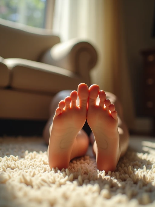 Close-up of model's feet resting on a plush carpet, also showing the bottom of feet, with soft natural light streaming through a nearby window, creating a warm and inviting atmosphere.