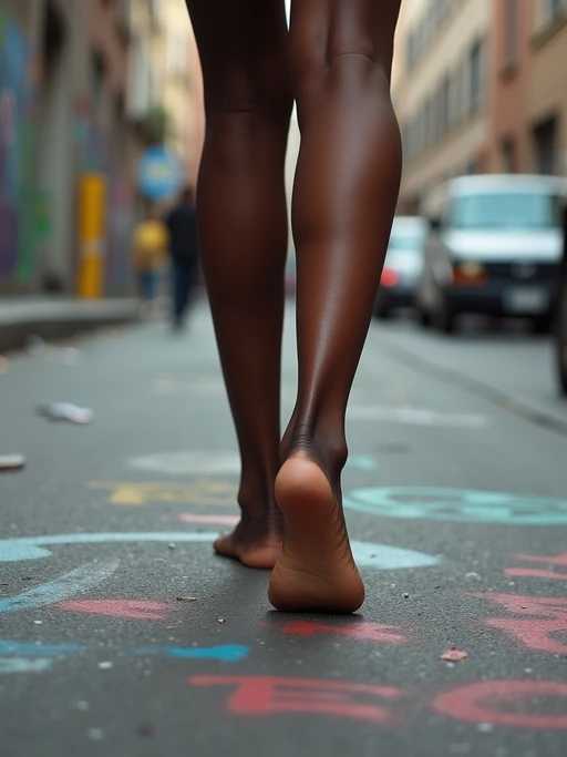 Model's bare feet, walking on a graffiti-covered urban street, capturing the essence of city life, also showing the bottom of feet.