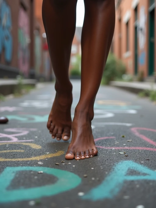 Model's bare feet, walking on a graffiti-covered urban street, capturing the essence of city life, also showing the bottom of feet.