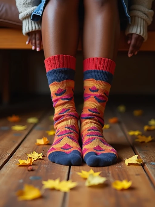 Model's feet in colorful socks, playfully posed on a wooden floor with scattered autumn leaves, evoking a cozy and whimsical vibe, also showing the bottom of feet.
