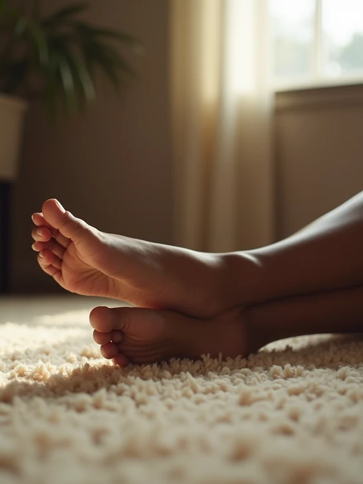 Close-up of model's feet resting on a plush carpet, also showing the bottom of feet, with soft natural light streaming through a nearby window, creating a warm and inviting atmosphere.