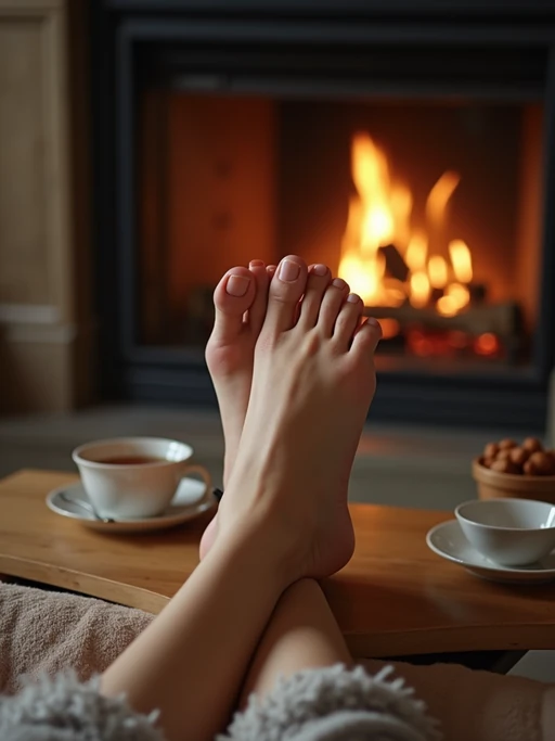 Model's bare feet, propped up on a coffee table, with a fireplace and a warm cup of tea in the background, also showing the bottom of feet.