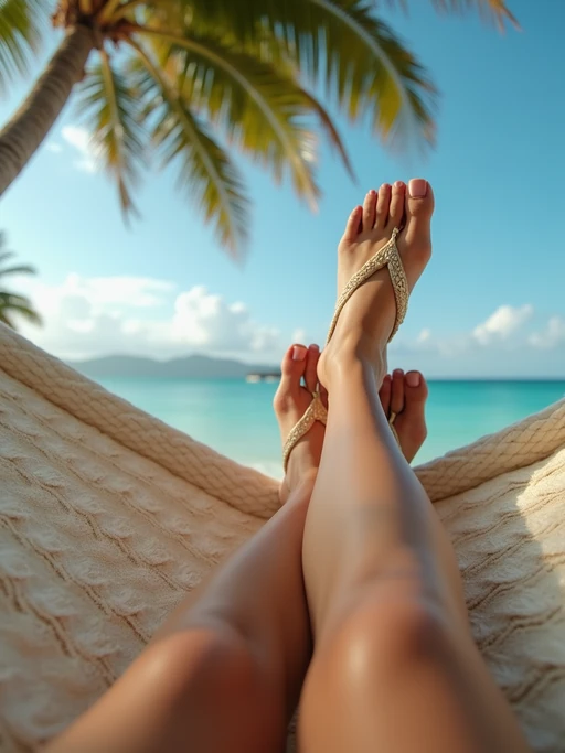 Model's feet in flip-flops, casually resting on a hammock, with a tropical beach and palm trees in the background, also showing the bottom of feet.