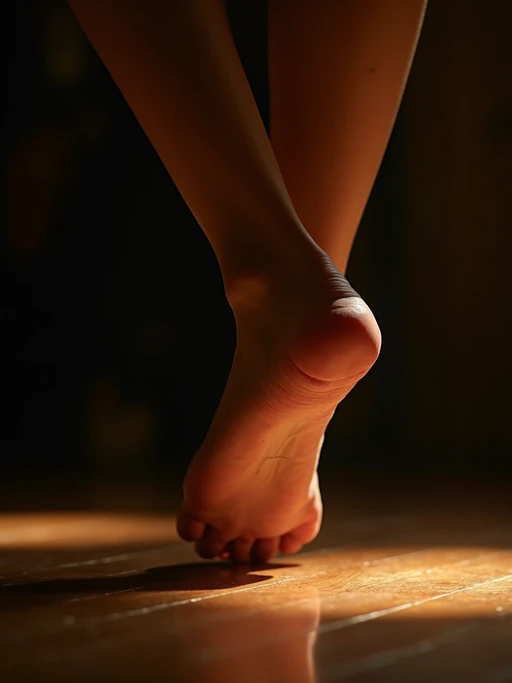 bottom of Model's bare feet, captured mid-dance on a wooden stage, with dramatic lighting highlighting the movement, also showing the bottom of feet.