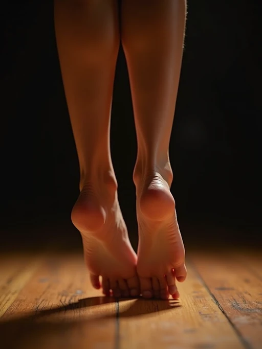bottom of Model's bare feet, captured mid-dance on a wooden stage, with dramatic lighting highlighting the movement, also showing the bottom of feet.
