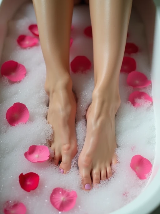 Model's feet submerged in a bubble bath, with rose petals floating on the water surface, creating a luxurious and relaxing scene, also showing the bottom of feet.
