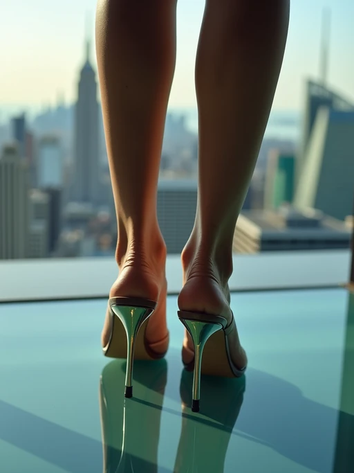 Model's feet in high heels, standing on a glass floor with a view of the city skyline below, creating a dramatic and stylish scene, also showing the bottom of feet.
