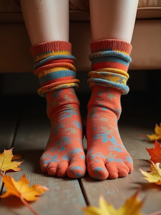 Model's feet in colorful socks, playfully posed on a wooden floor with scattered autumn leaves, evoking a cozy and whimsical vibe, also showing the bottom of feet.