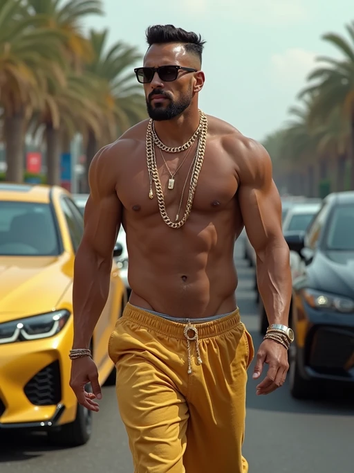if(gender=f){beautiful woman model wearing gold jewelry and high heels walking past luxury cars in slow motion} if(gender=m){super muscular man wearing gold chains and sunglasses walking past luxury cars in slow motion}